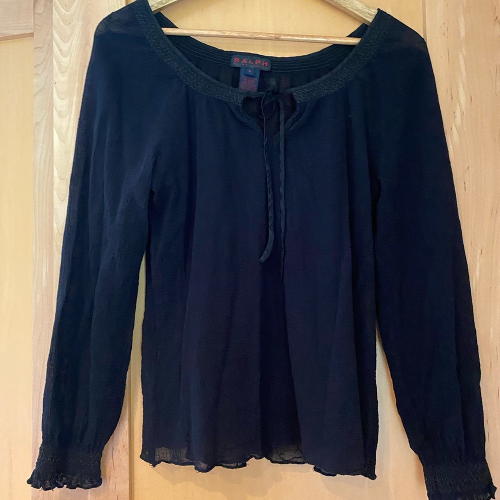 RALPH Ralph Lauren semi-sheer tie-neck top in black.